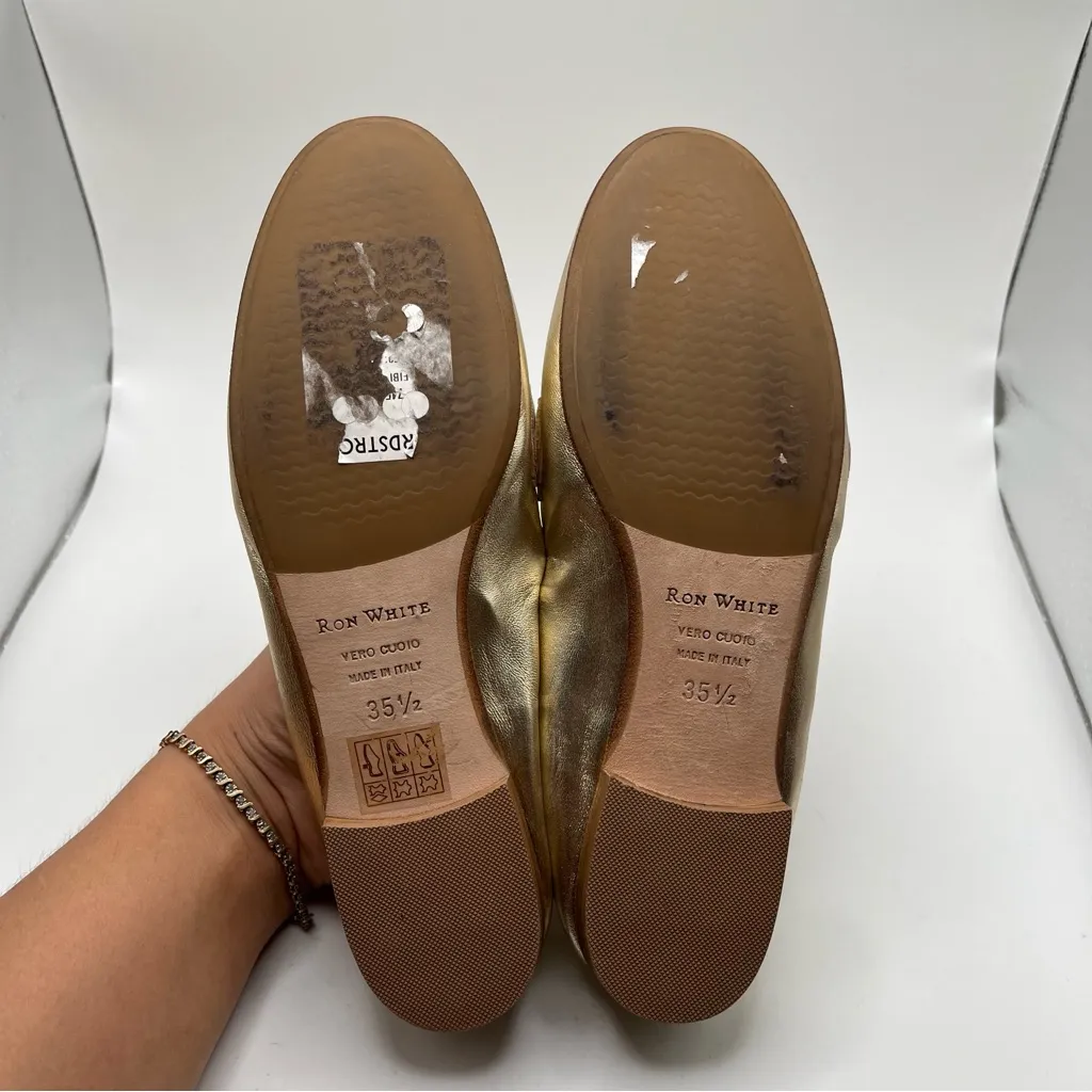 EUC RON WHITE Fibi Metallic Gold Leather Flat Loafers In Onyx size 35.5 US 5 - Image 9