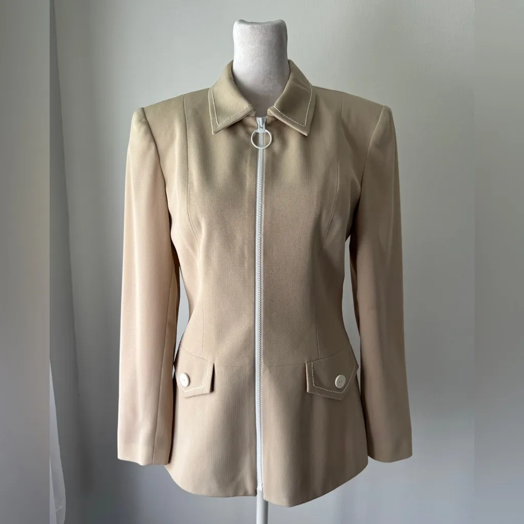 Vintage ‘90s Nanette Lepore for Robespierre Beige Collared Full Zip Jacket White Size 2 - Image 3