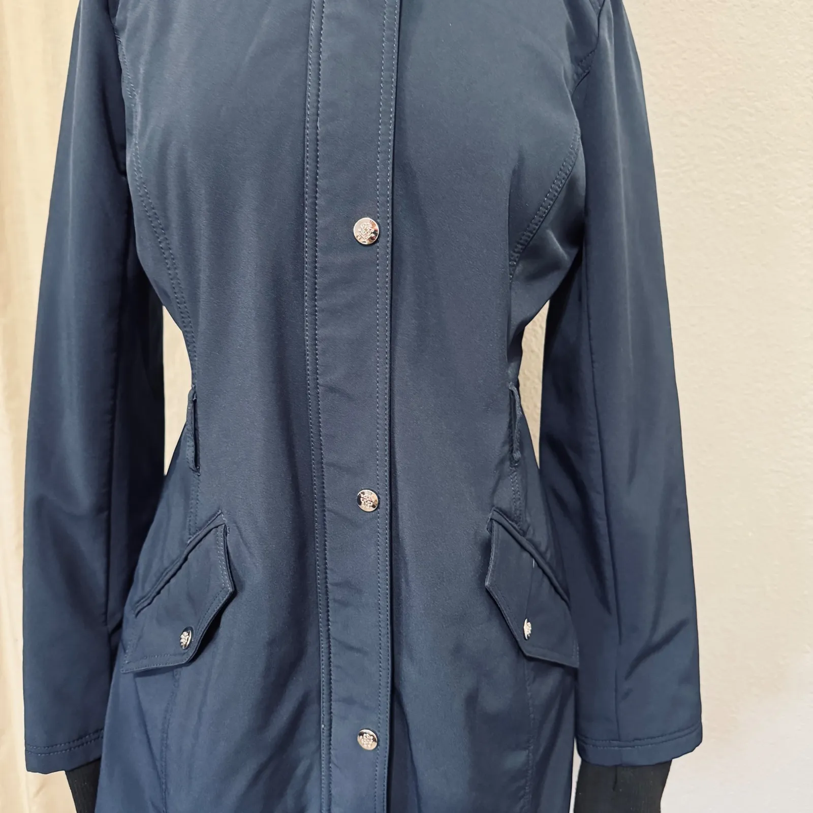 Jessica Simpson Women Navy Blue Softshell Hooded Rain Coat Cozy Jacket M - Image 3