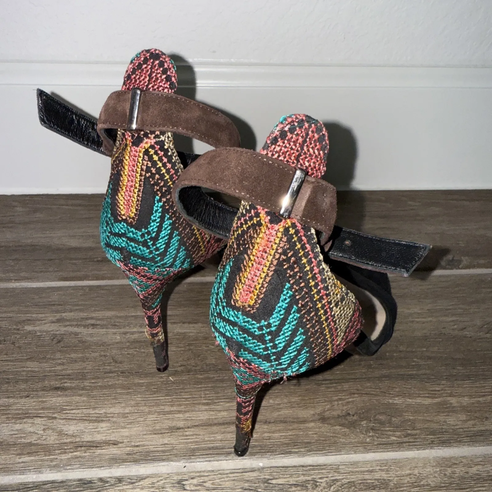 Barbara Bui black suede heels with a patterned Back Heel, Brown ankle strap 38.5 Size 8.5 - Image 2