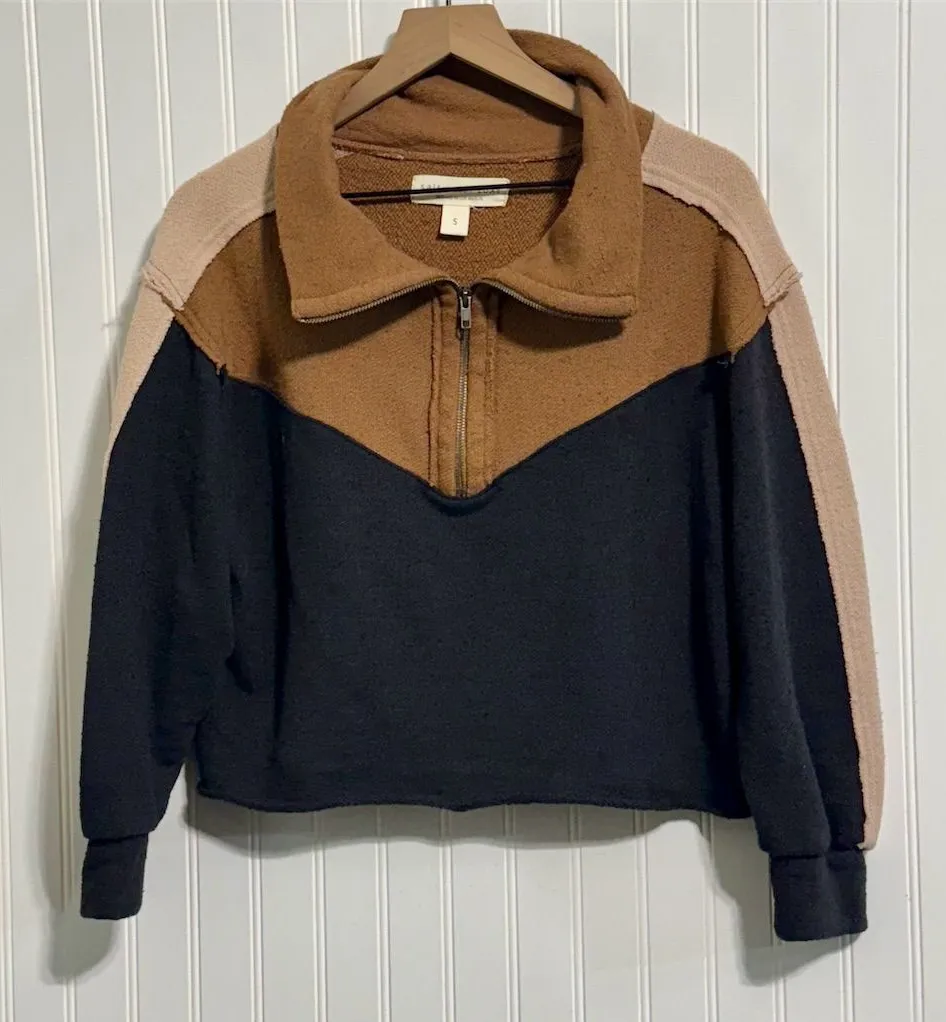Saltwater Luxe Sweatshirt Women's Small Colorblock Half Zip Raw Hem Cotton Blend - Image 1