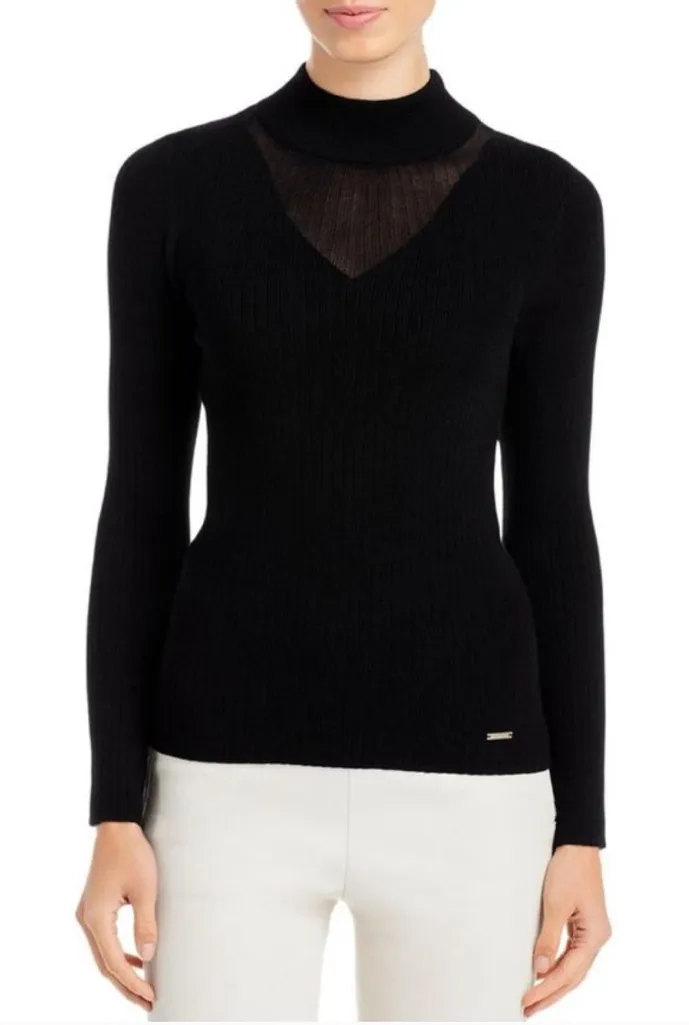 T Tahari Womens Black Ribbed Knit Fitted Mock Turtleneck Sweater Top - Image 1