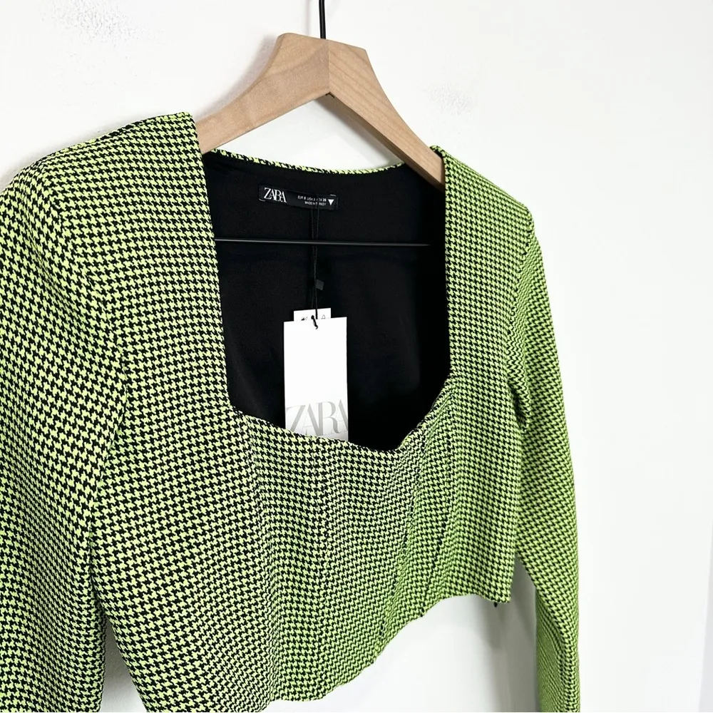 Zara Houndstooth Neon Green Corset Bustier Crop Top Size small - Image 5