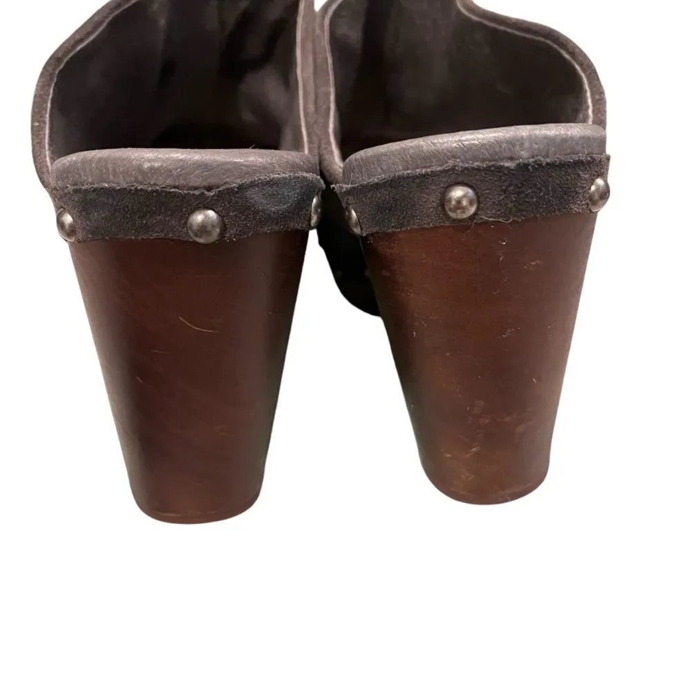 UGG  Kaylee Grey Suede Studded Wood Platform Sherpa Clogs, Sz 7 - Image 11