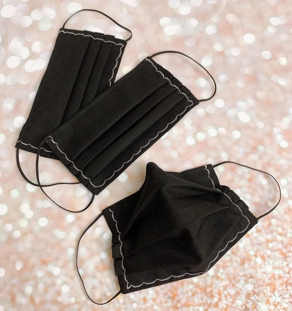 100% Premium Cotton Solid Black With White Scalloped Stitches/embroidery Face Mask - Image 2