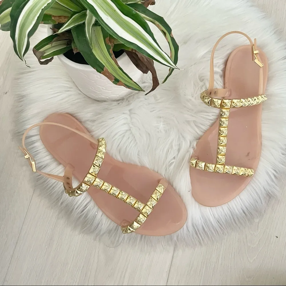 Stuart Weitzman Jelrose Sandals Nude Cream Tan Gold Studs Strappy Ankle Flat - Image 4