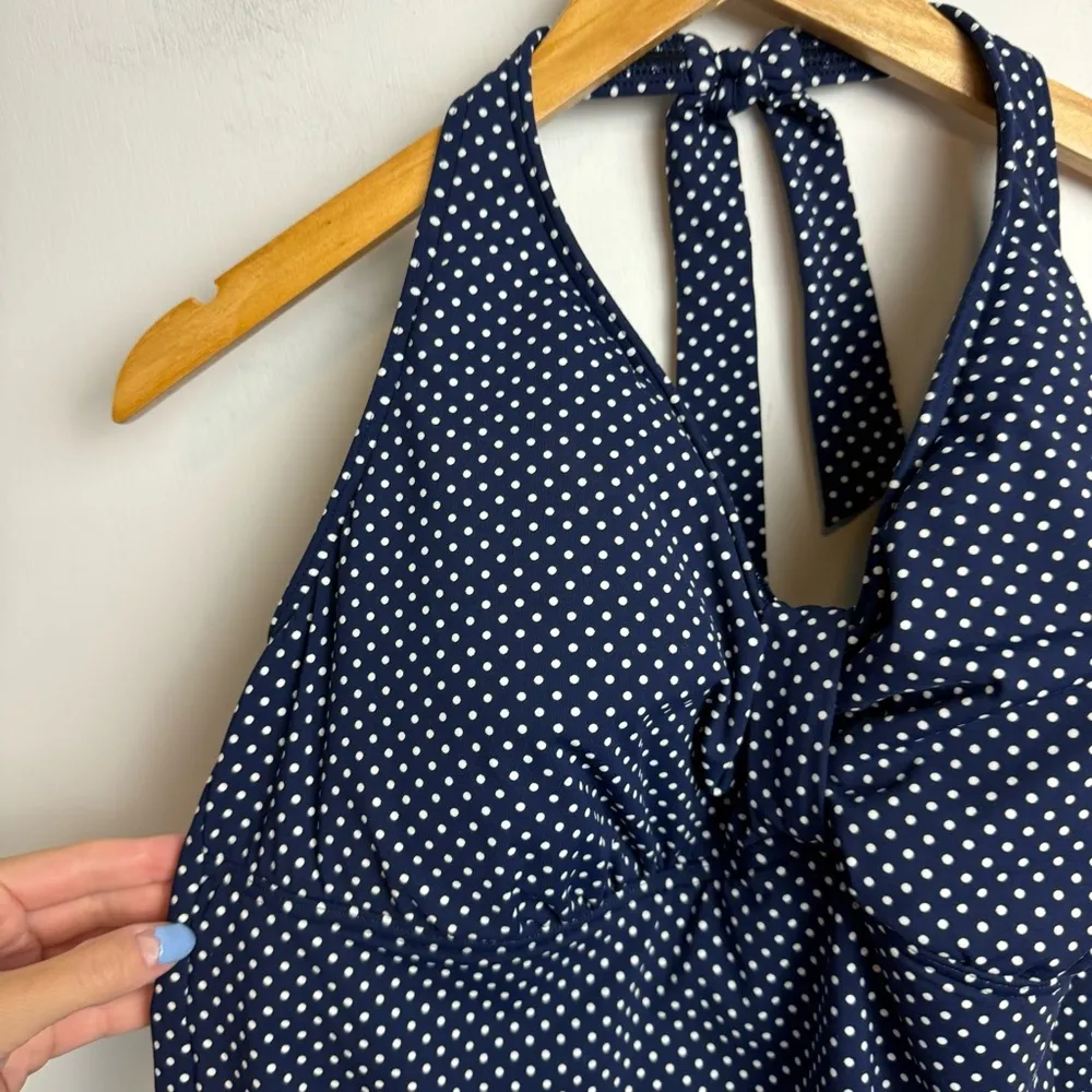 Land’s End Womens Tankini Halter Swim Top Sz 18D Polka Dot Print Navy Blue White - Image 3