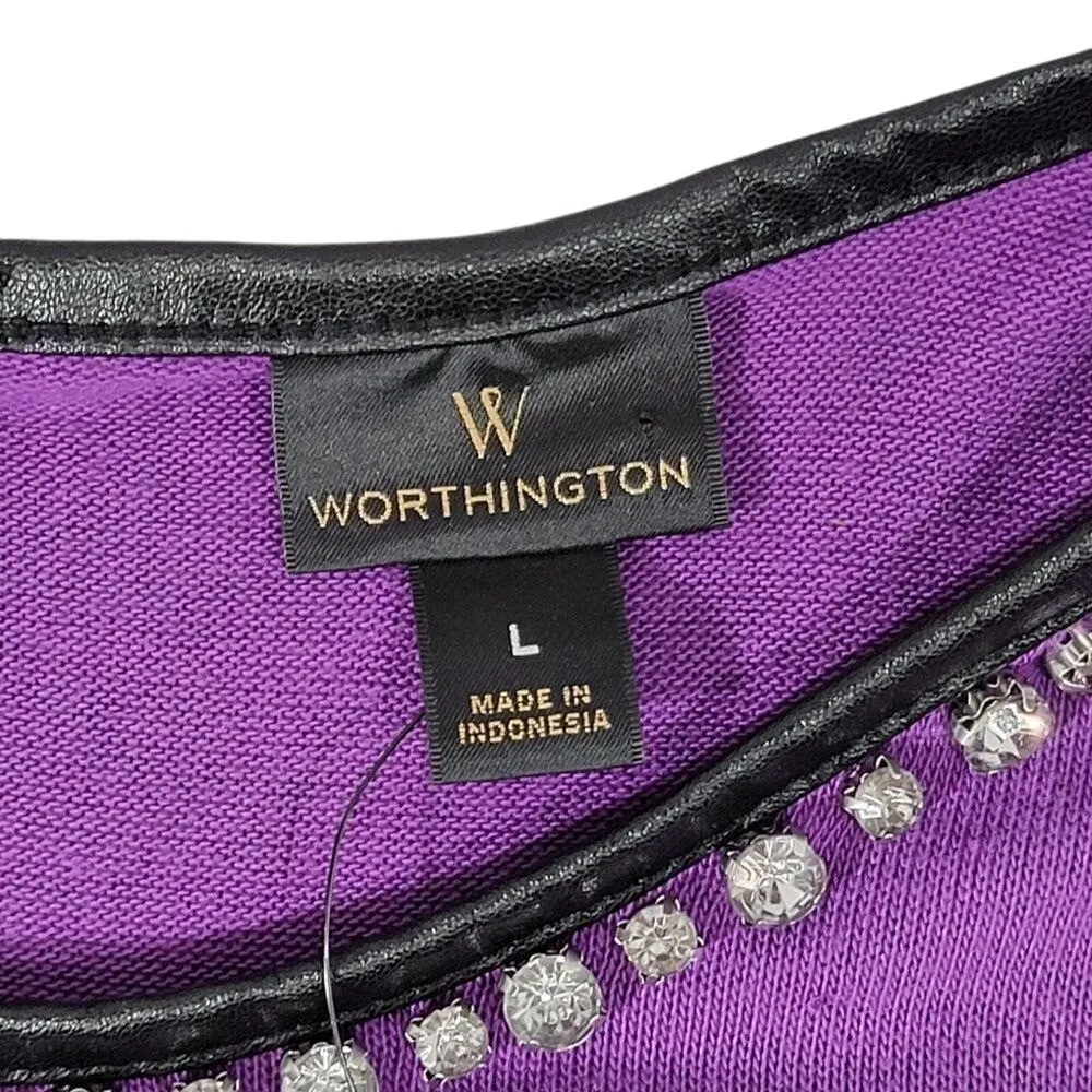 Worthington‎ Purple Long Sleeve Rhinestone Embellished Zipper Neck Top Shirt L - Image 5