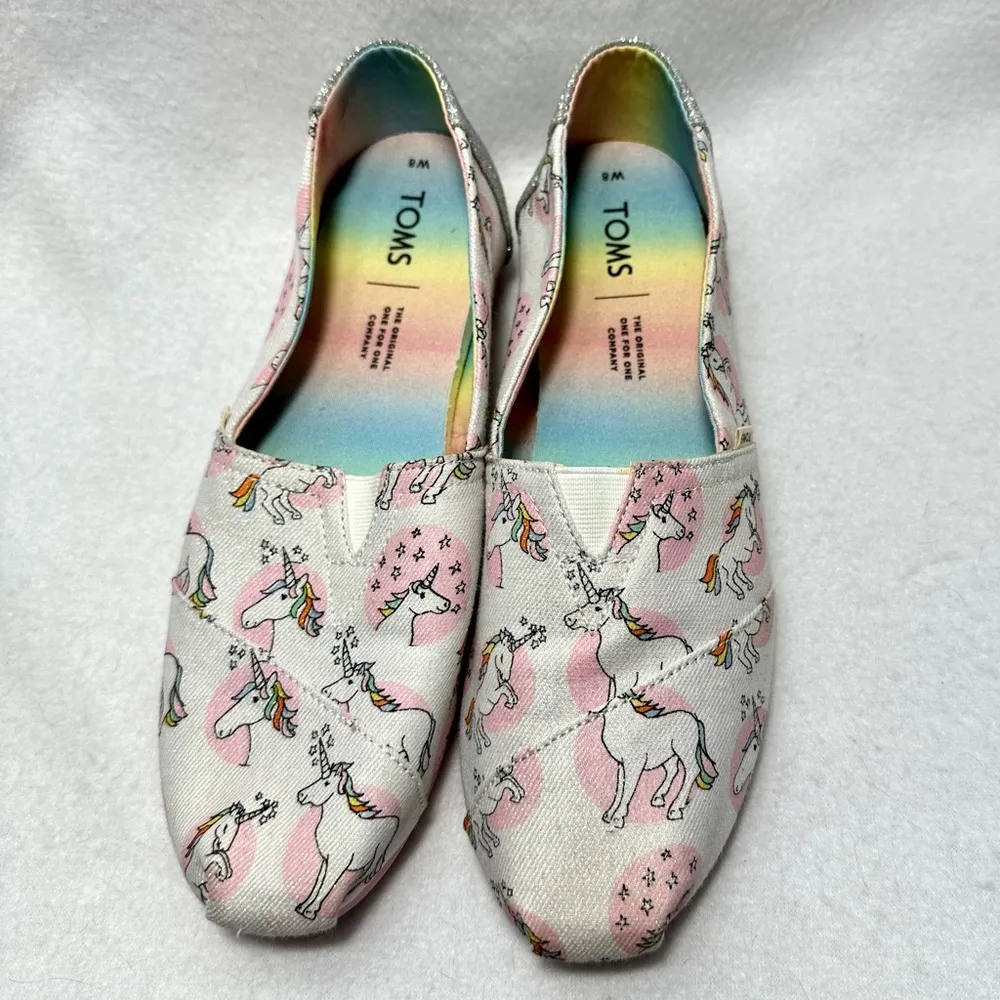 Toms Slip On Shoes 8 Unicorns Rainbows Pink Print Pastel Silver Shimmer Women - Image 4