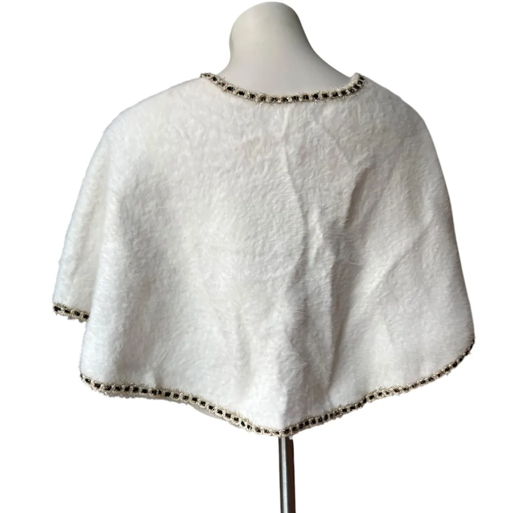 NWT, Rachel Zoe White Faux Fur Cape Capelet
Shawl Black Gold Trim, One Size - Image 6