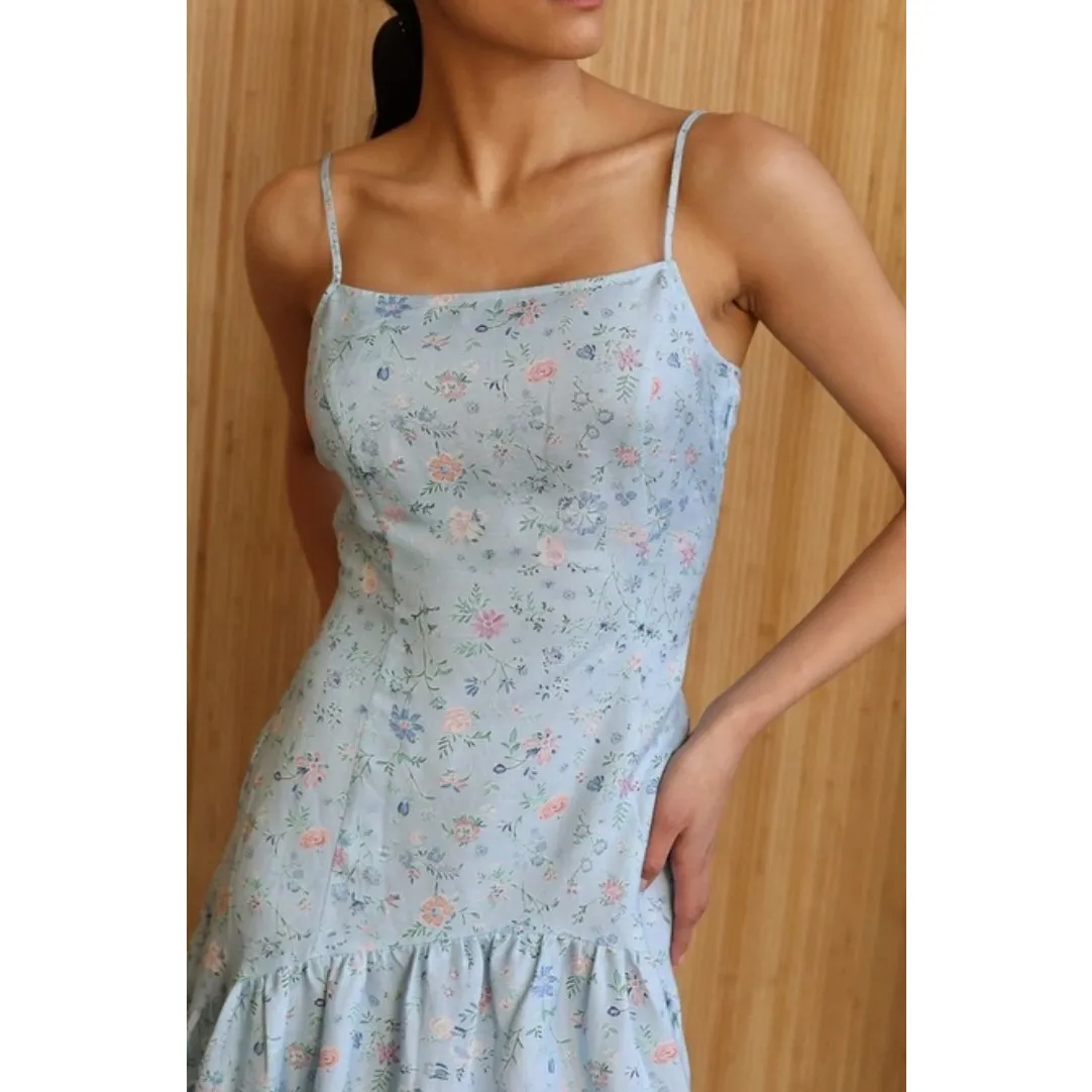 Sister Midi Dress Cisco Blue Wild Flower Linen Fitted Bodice Drop Waist Small - Image 2