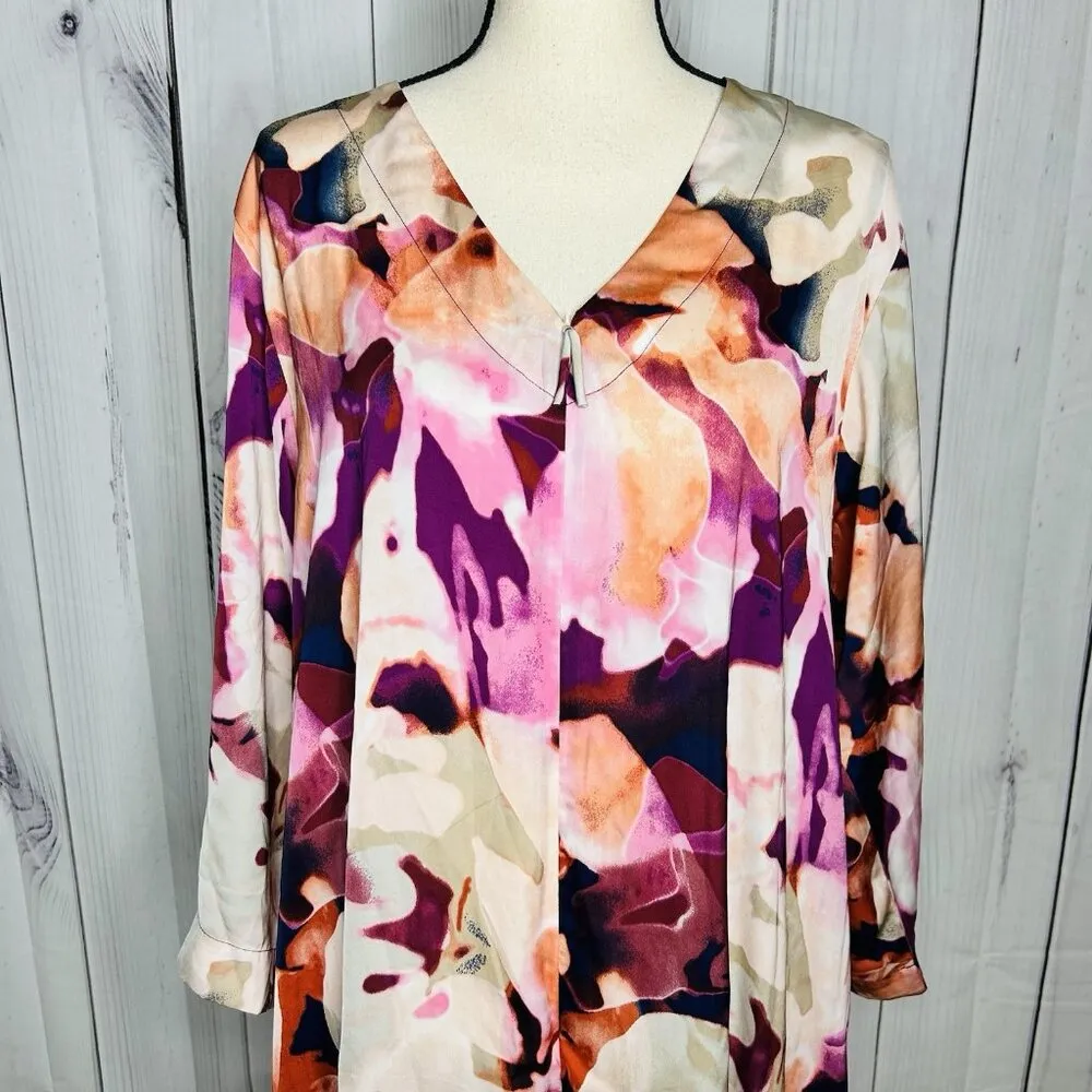 N Natori Caftan Pink Purple Abstract Floral Mix Sz L Full Zip 3/4 Sleeve Pockets - Image 2