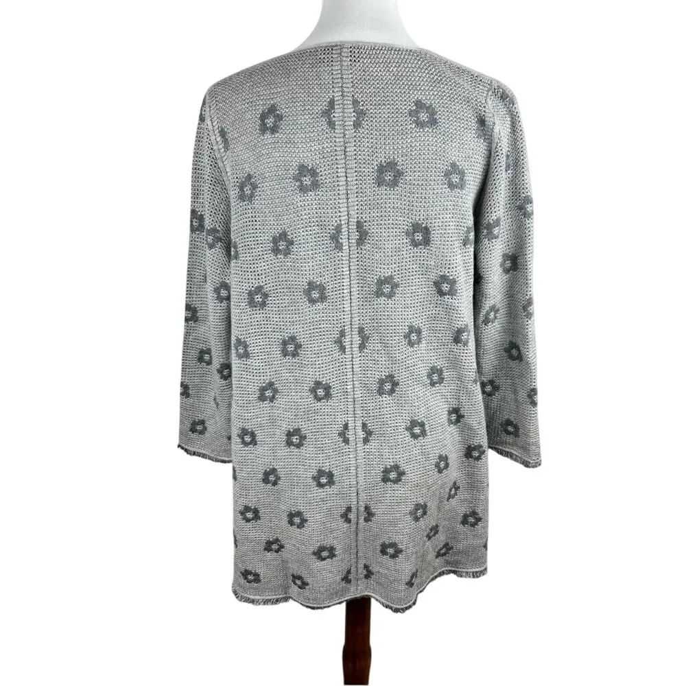 Martucci Roma Cashmere & Silk Open Cardigan Gray Floral Fringe Italy Silver Size M - Image 2