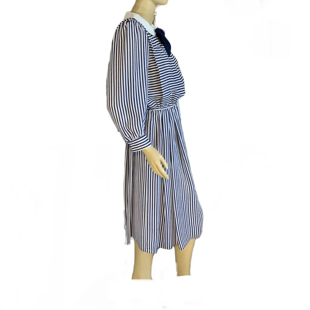 REO ORIGINALS VINTAGE 1980'S BLUE & WHITE STRIPED SHEATH DRESS W/TIE (8) - Image 3