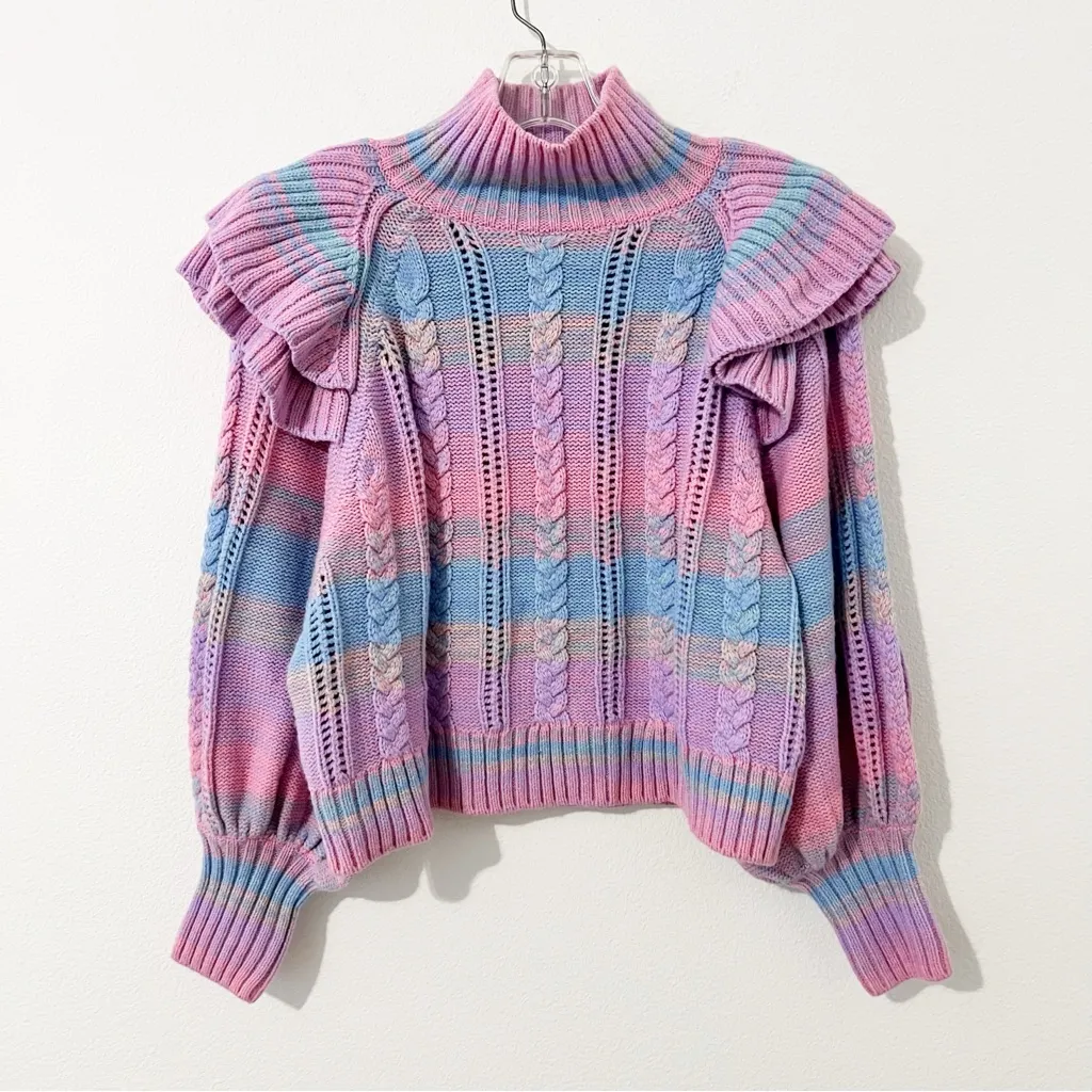 Something Navy Ruffle Mock Neck Sweater in Pink Combo Size Medium M - Image 2