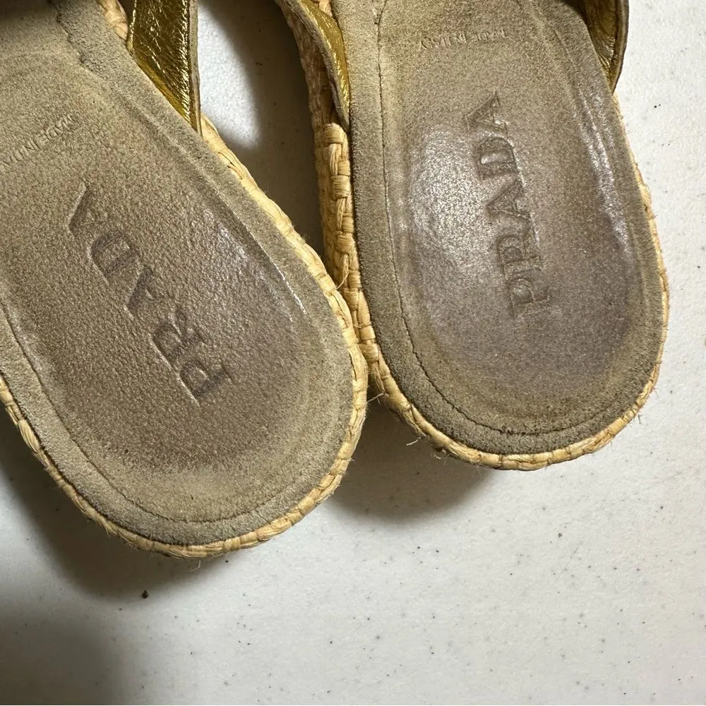 Prada Slides Thongs Wedge Platform Metallic  Gold Shoes Euro 36 Straw Raffia Sz6 - Image 15