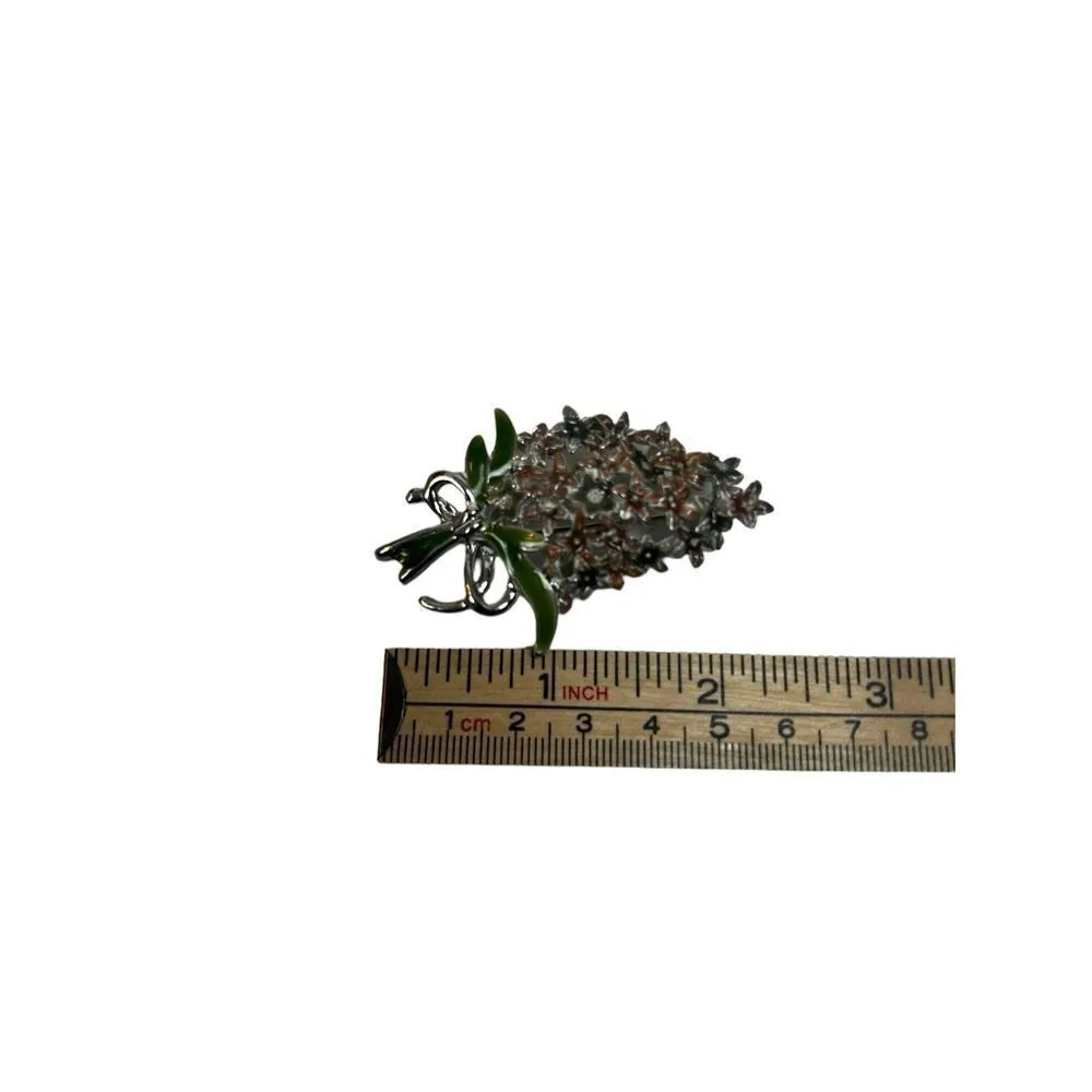Vintage Brooch Enameled Flower Bouquet Silver Tone Metal with Pink/Purple Lilacs Silver - Image 4
