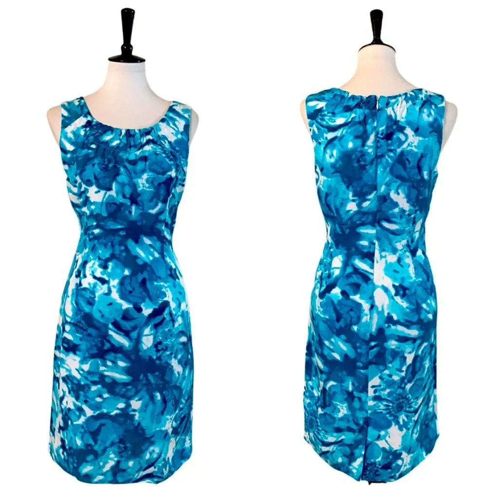 Calvin Klein Linen Sheath Dress Teal White Abstract Print Women's Size 6 - Image 11