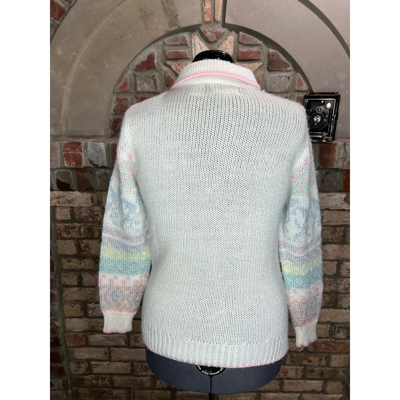 sweater patterned geometric leaves vintage 1980s pastel collared Pink Size L - Image 7