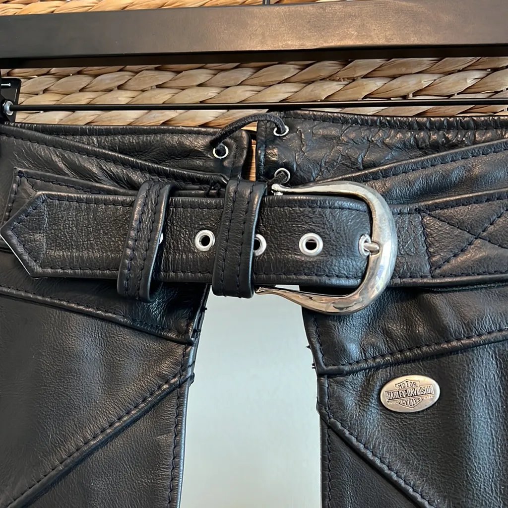 Harley-Davidson Deluxe Black Leather Motorcycle Chaps, M - Image 3