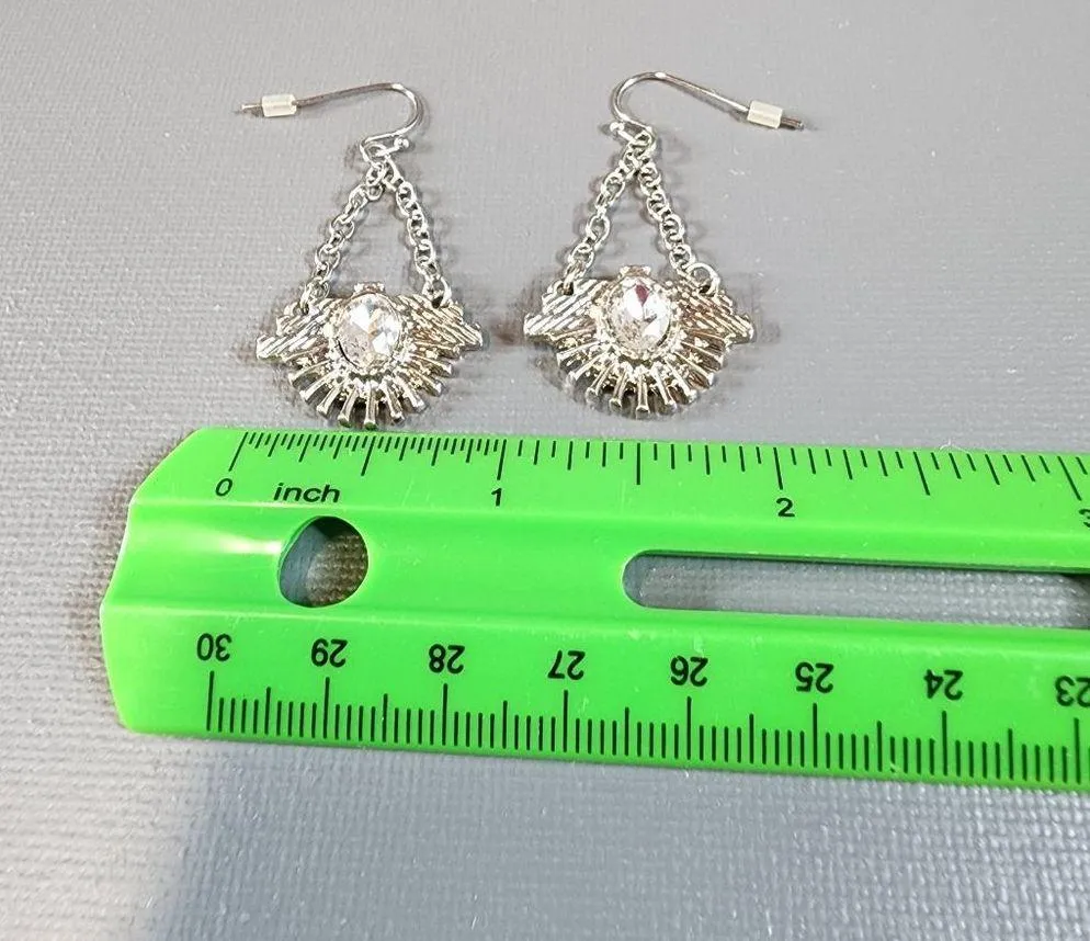 Silver Color Metal Dangle Chain Pierced Hook Earrings Clear Oval Center Stone - Image 4