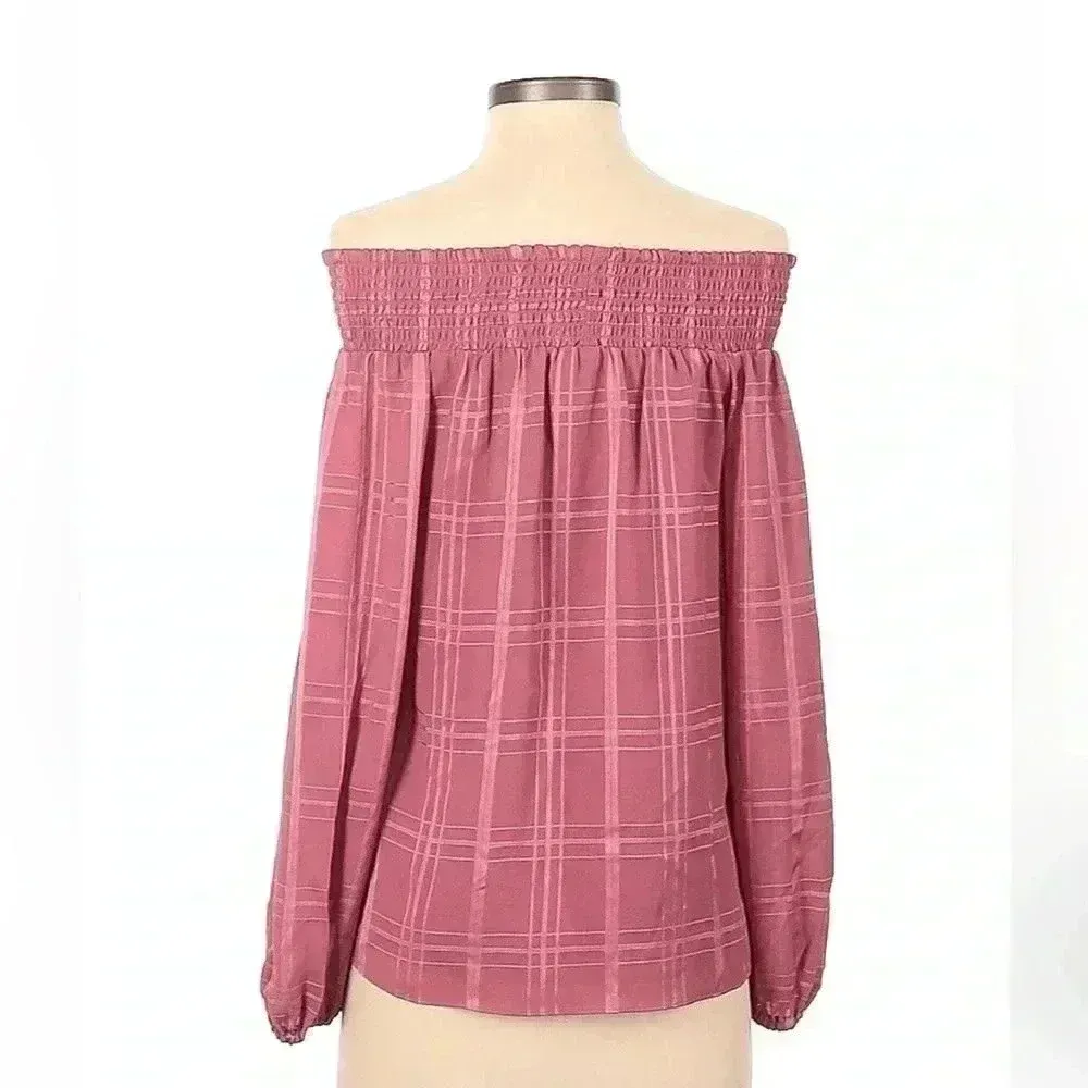 Parker | Classic Chic Pink Plaid Off The Shoulder Long Sleeve Blouse Size XS - Image 3