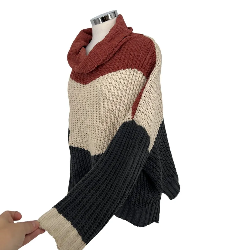 POL Chenille Colorblock Turtleneck Sweater Orange Ivory Size Medium - Image 2