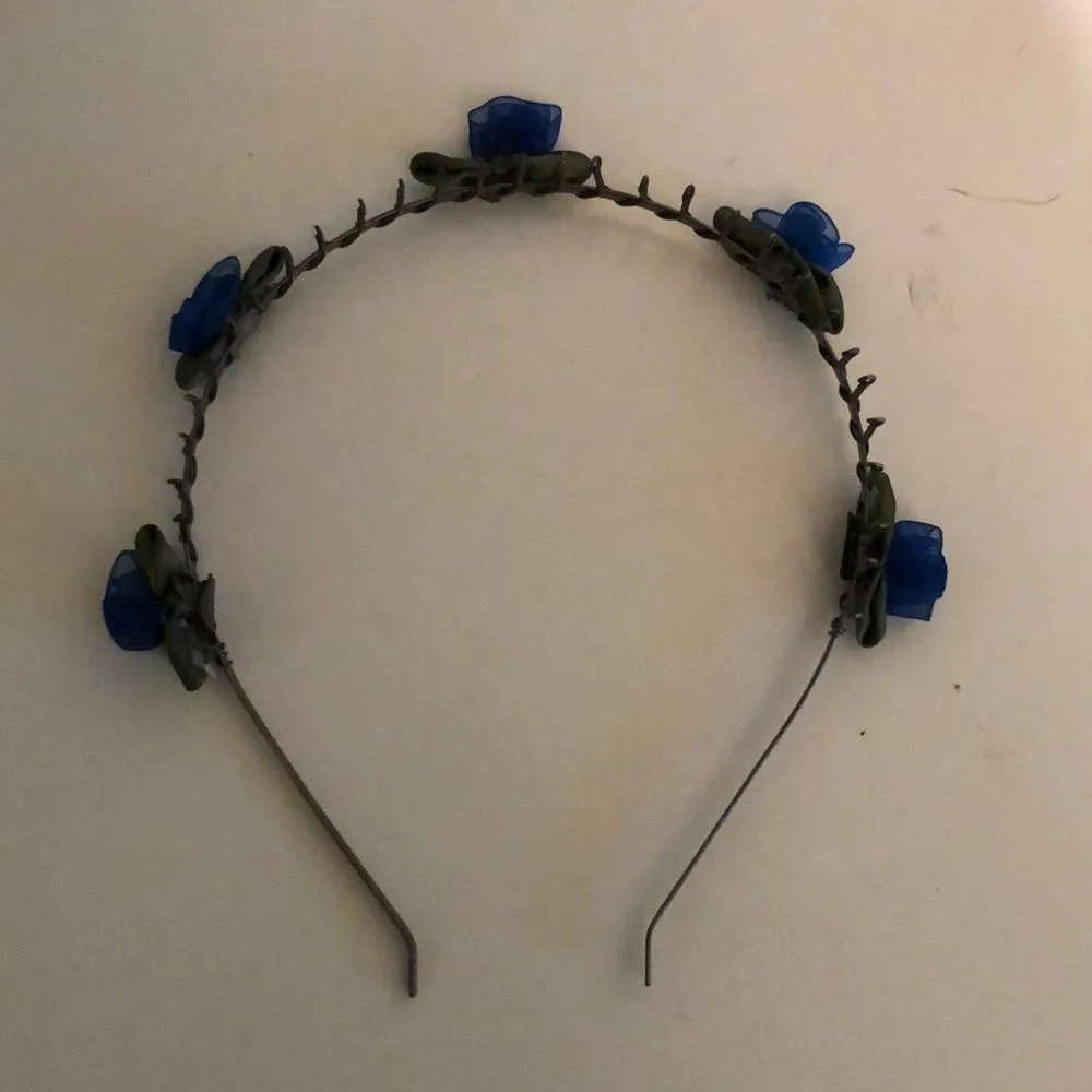 Metal Headband Blue Fabric Roses - Image 2