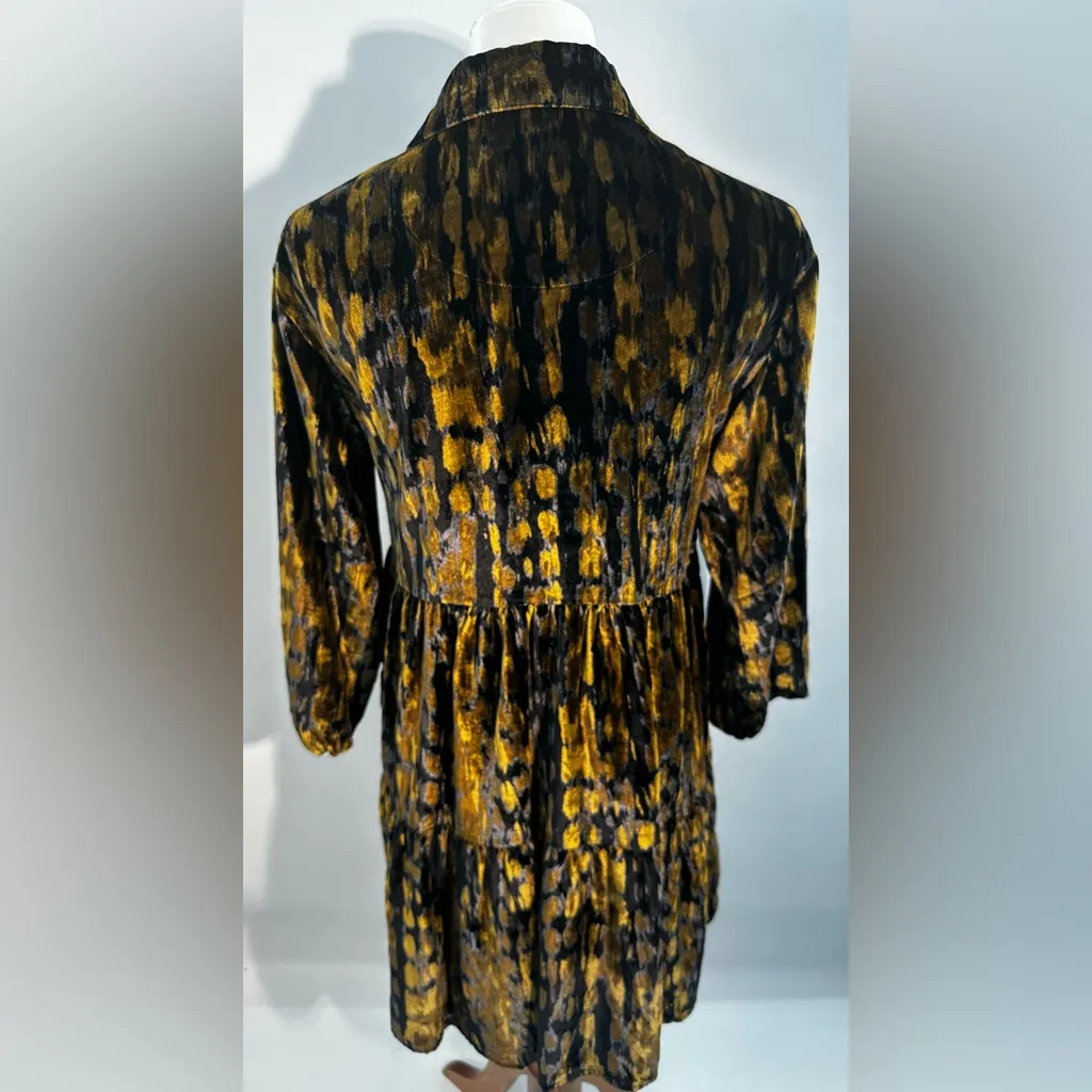 Maeve Bettina Black Gold Velvet Tiered Mini Shirt Dress Long Sleeve XXS - Image 10