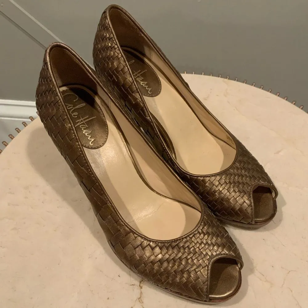 Cole Haan Gold Heeled Metallic Woven Leather Peep Toe Woman’s Pumps Size 6 - Image 7