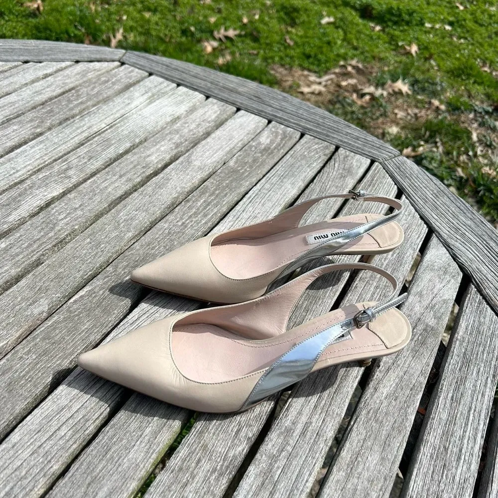Nude Kitten-Heel Slingback Pumps by miu miu size 36 1/2  nude silver‎ 6 - Image 2