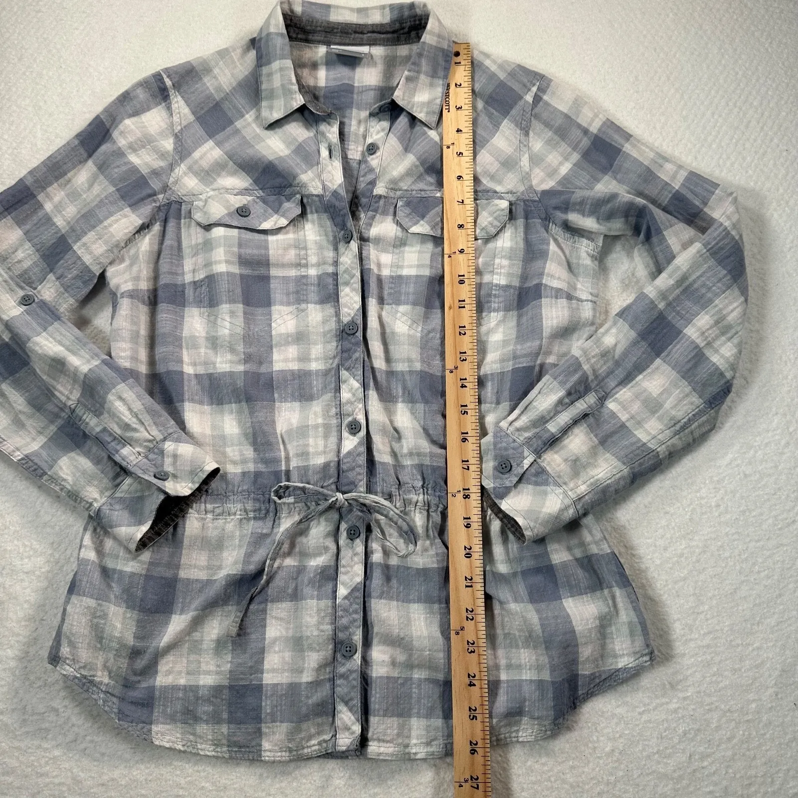 Columbia Button Down Shirt Women’s Small Blue White Gingham Drawstring Waist - Image 5