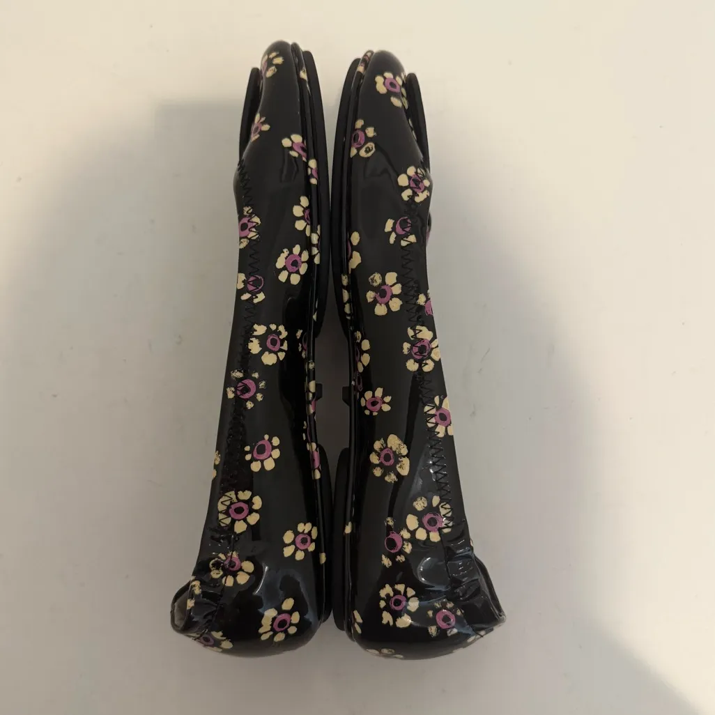 TORY BURCH Minnie Travel Logo Ballet Flats Black Pink Stamped Floral Size 6 - Image 9