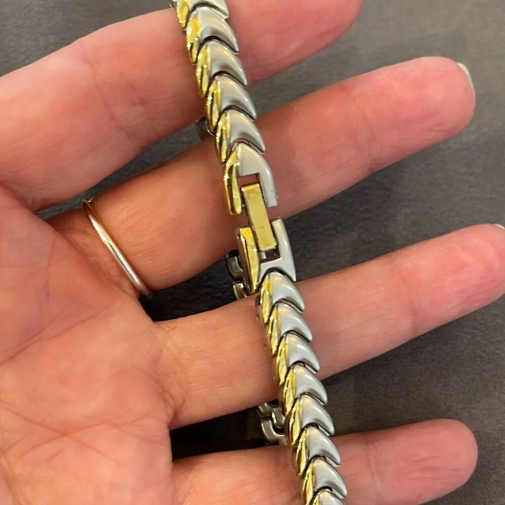 Set Of 2 Womens Cuban Link Chain Magnetic Two Tone Bracelet Silver Gold‎ Gold - Image 3