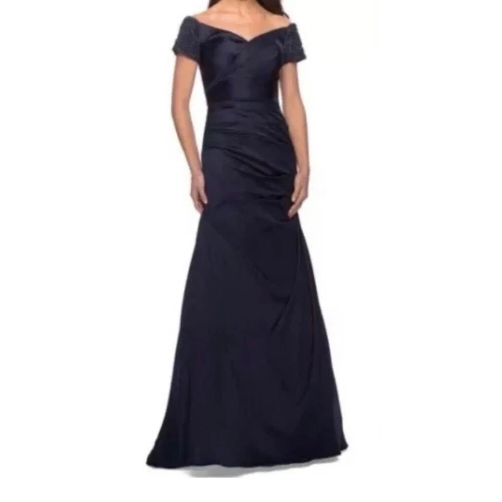 New La Femme Navy Beaded Off‎ the Shoulder Sweetheart Ruched Satin Mermaid Gown - Image 2