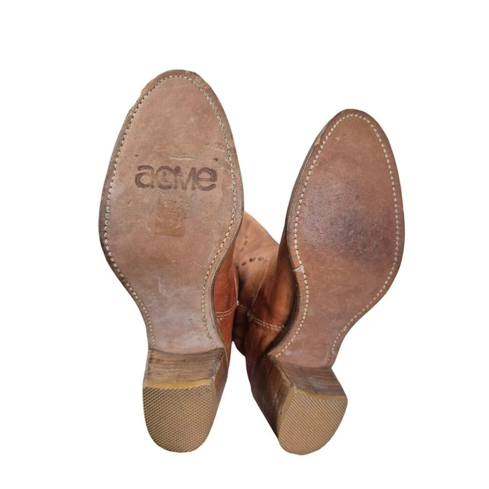 Acme Vintage Brown/Tan Leather Cowgirl Boots Sz 4 1/2 Knee High Top Stitching Brown - Image 6