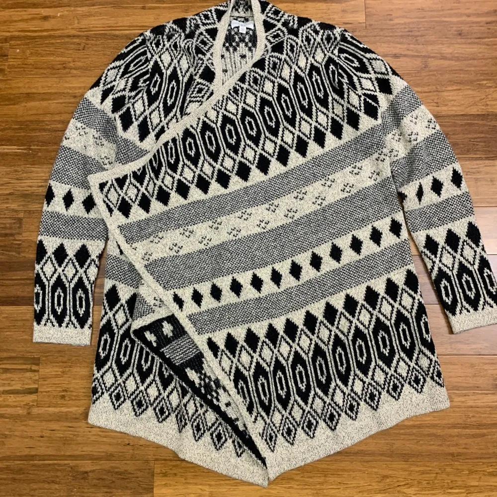 Lucky Brand Cardigan Womens Large Cream Black Open Front Geometric Print Sweater - Image 2