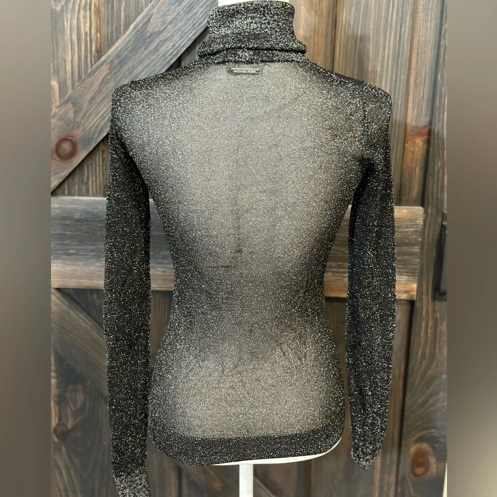 Michael Michael Kors Black Silver Metallic Sheer Long Sleeve Turtleneck Top XS‎ - Image 3
