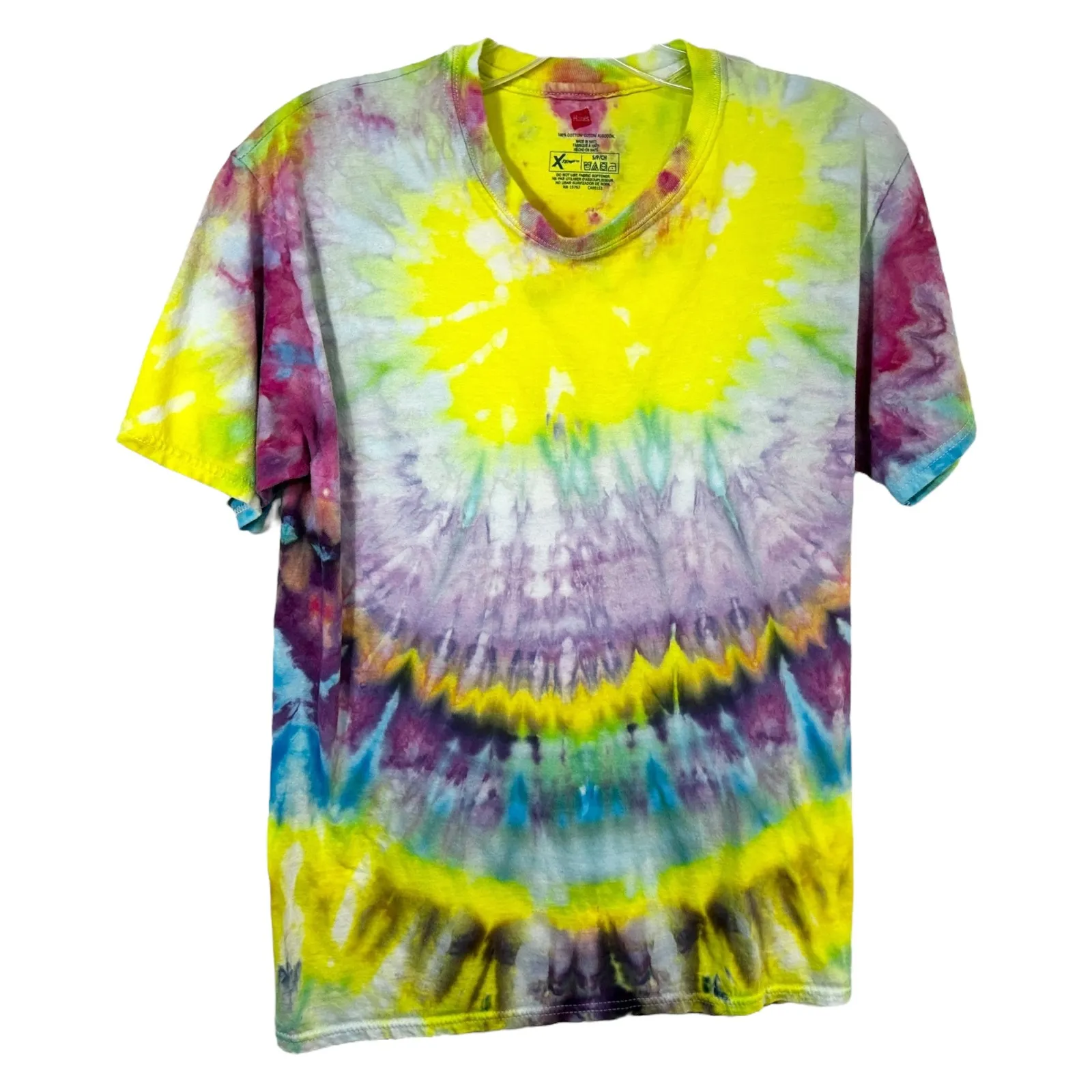 Handmade Tie Dye Small‎ T-Shirt Top Yellow Purple Blue Festival Hippie Boho 207 - Image 2