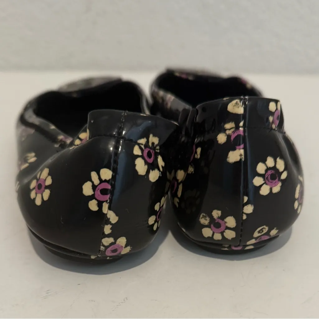 TORY BURCH Minnie Travel Logo Ballet Flats Black Pink Stamped Floral Size 6 - Image 7