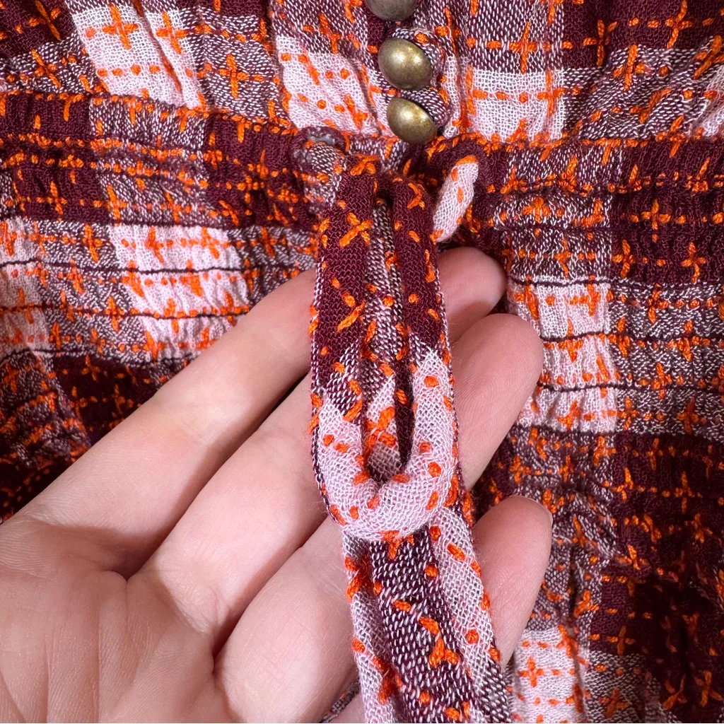 Pilcro Pink Red Plaid Peplum Blouse Womens S Fall Boho Long Sleeve Shirt Top - Image 10