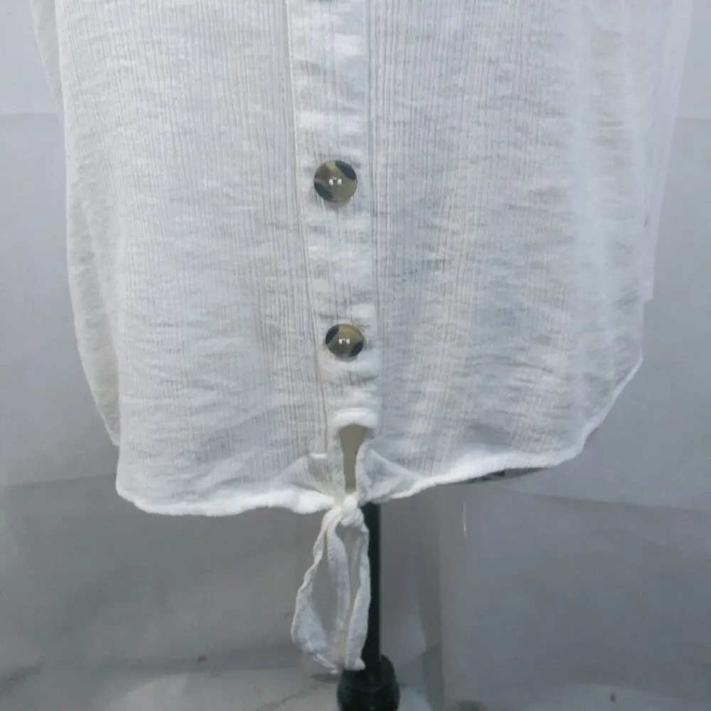 Flower & Feather White Gauzy Button Up Tie Front Blouse L Size L - Image 3
