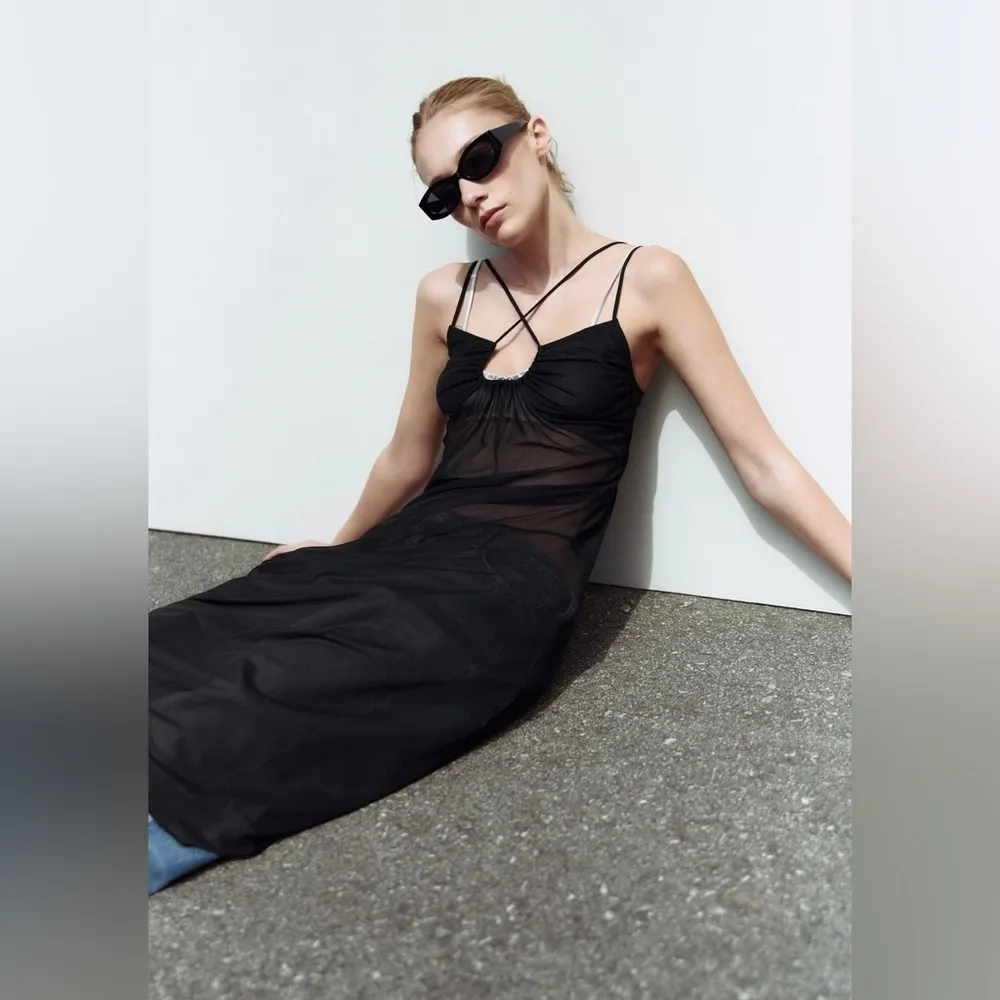 ZARA New Black Tulle Slip Midi Dress Asymmetric Hem with Spaghetti Straps Size M - Image 6