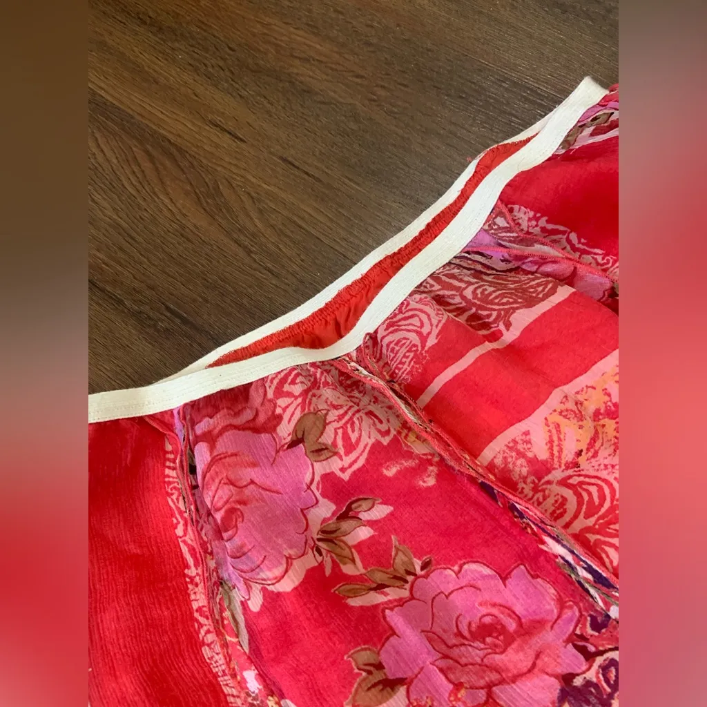 JW Los Angeles Red Floral silk boho red patterned scarf midi skirt M casual fall Size M - Image 6