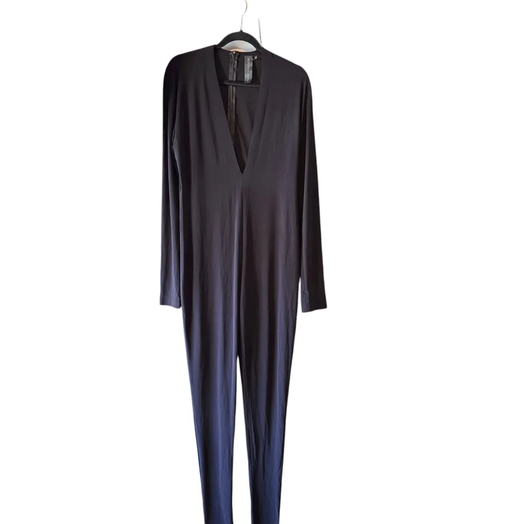 Norma Kamali - Long Sleeve Deep V-Neck Catsuit w/ Footie Slits Sz L - Image 3