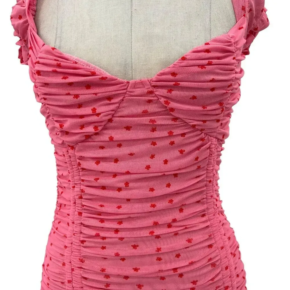 Tiger Mist Toronto Mini Dress Pink Red Floral Print Ruched Size Small‎ - Image 6
