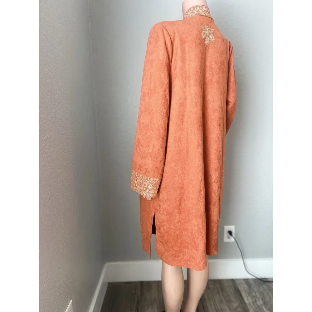 Soft Surroundings Faux Suede Orange Duster Coat Jacket Cardigan Embroidered Sz L - Image 6