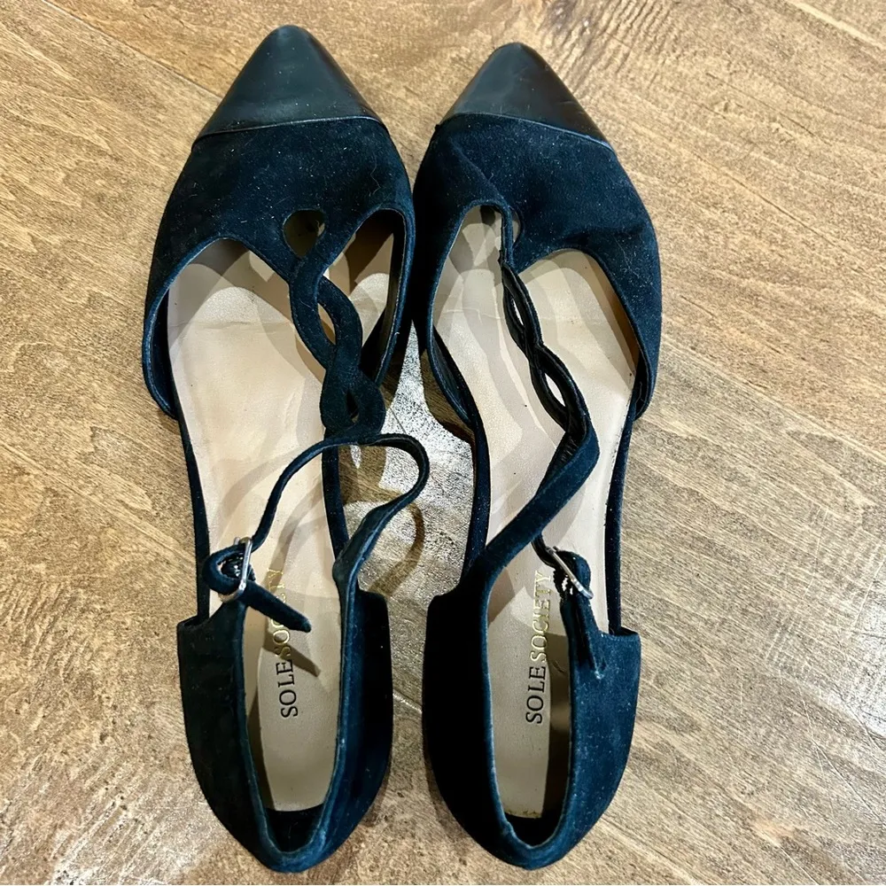 Sole Society Women’s Pointed Toe Suede T-Strap Flats Black Size 10 B EUC Girly - Image 5