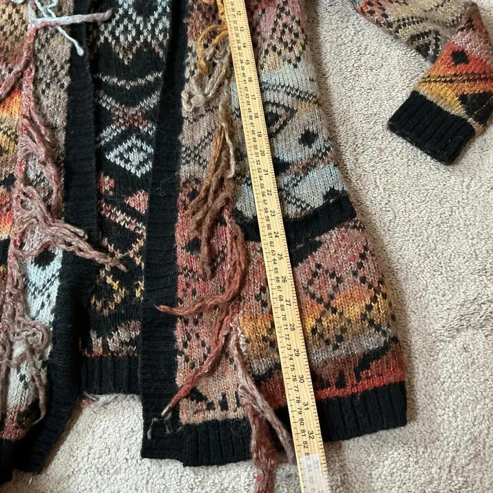 IDYLLWIND Bohemian Knit Patchwork Wool Fringe Hooded Cardigan Sweater XS - Image 5