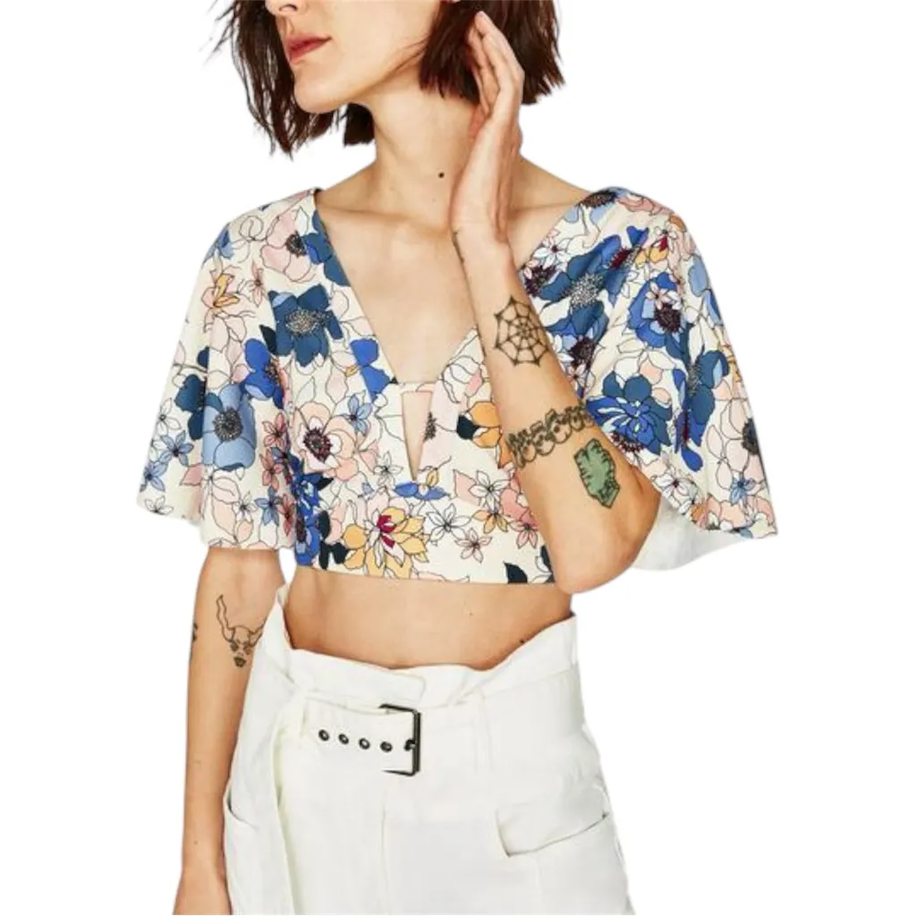 Zara Floral Tie Crop Top Blue Peach Print Flutter Sleeve Medium Blogger Fav - Image 2